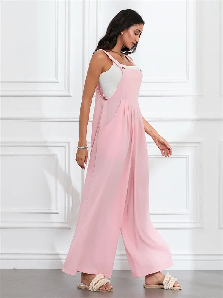 Women Fashion Jumpsuits Sleeveless Buttons Suspender Wide Leg Pant Overalls with Pockets Casual Loose Romper Streetwear