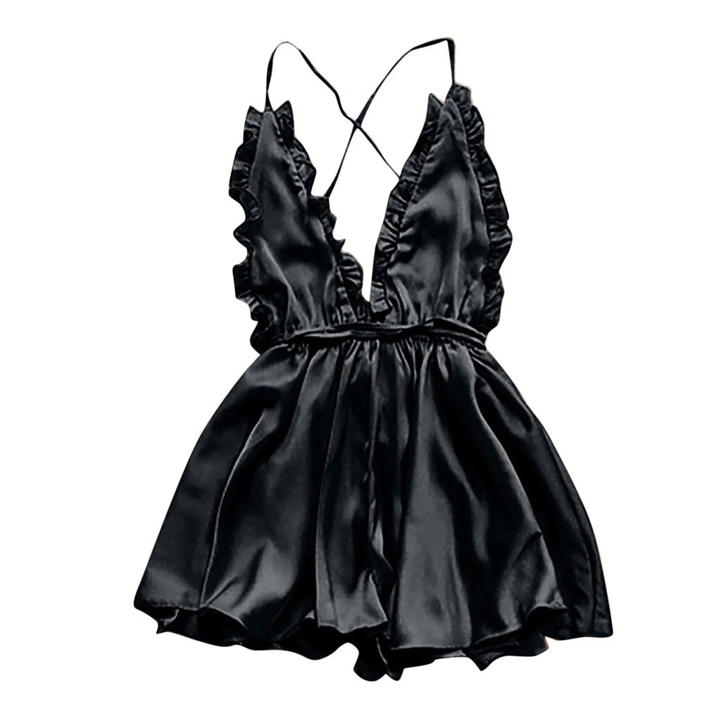 Sexy Lingerie Women's Sexy Dress With Wooden Ear Edge Deep V Neck Neck Tie Backless Sexy Lingerie Set 3x