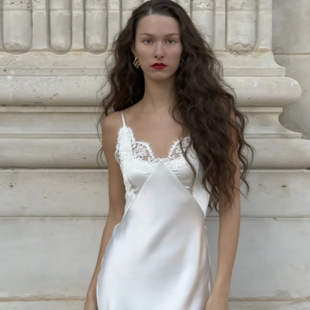 Women's Fashion Casual Style Satin Ice Silk Strap V-Neck Dress Pure Desire Dress Elegant White Satin Lace Trim Dress Party 6TFA