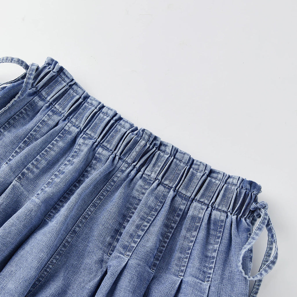 Womens Loose Fit Denim Shorts Drawstring Elastic Mid Rise Pleated Wide Leg Short Pants Casual Stylish Summer Skorts