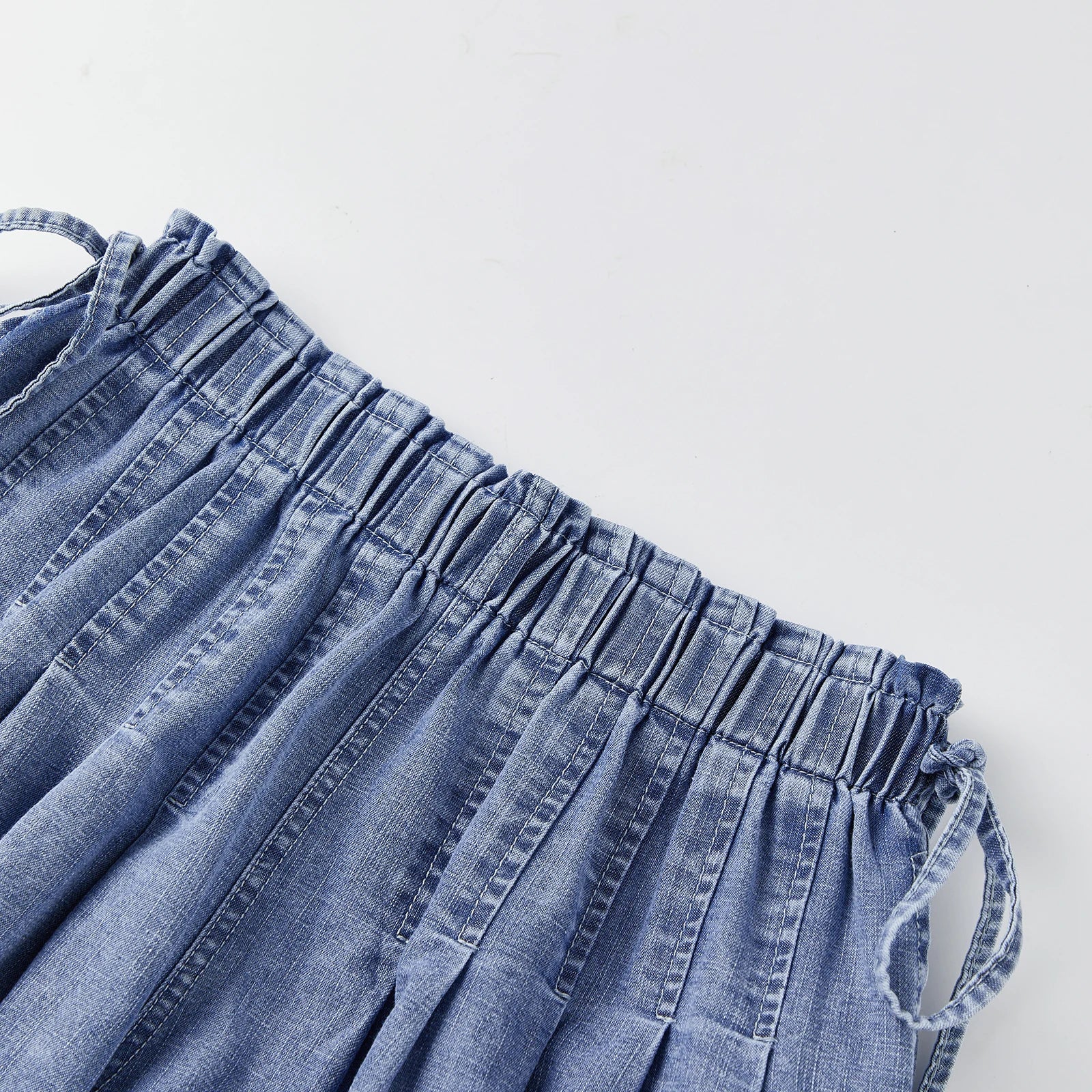 Womens Loose Fit Denim Shorts Drawstring Elastic Mid Rise Pleated Wide Leg Short Pants Casual Stylish Summer Skorts