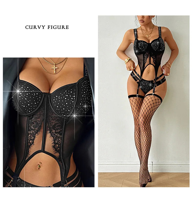 Sexy Shinestone Underwire Padded Bodysuits With Garter Belt Fishnet Transparent Backless Deep V Sleeveless Bodysuits Charm 0ZYL