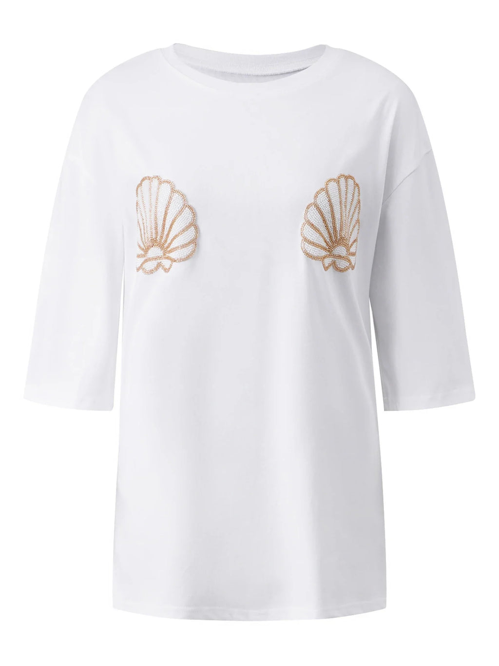 Women Oversized Short Sleeve T-shirt Sparkle Shell Embroidery Loose Shirts Summer Daily Casual Baggy Tops