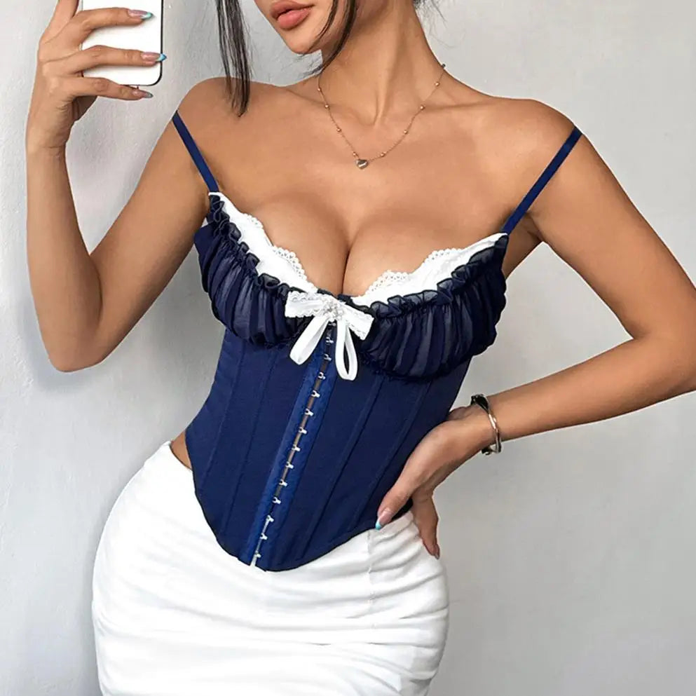 Phantasy Fashion Laec Balck Crop Top Women French Style Pink Bow Strap Tanks Lady Elegant Party Fishbone Camisole Summer Outfit