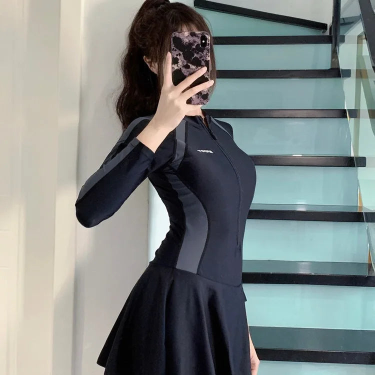 New plus size women's dress one-piece fresh women's swimsuit conservative slim fit long sleeved hot spring swimsuit