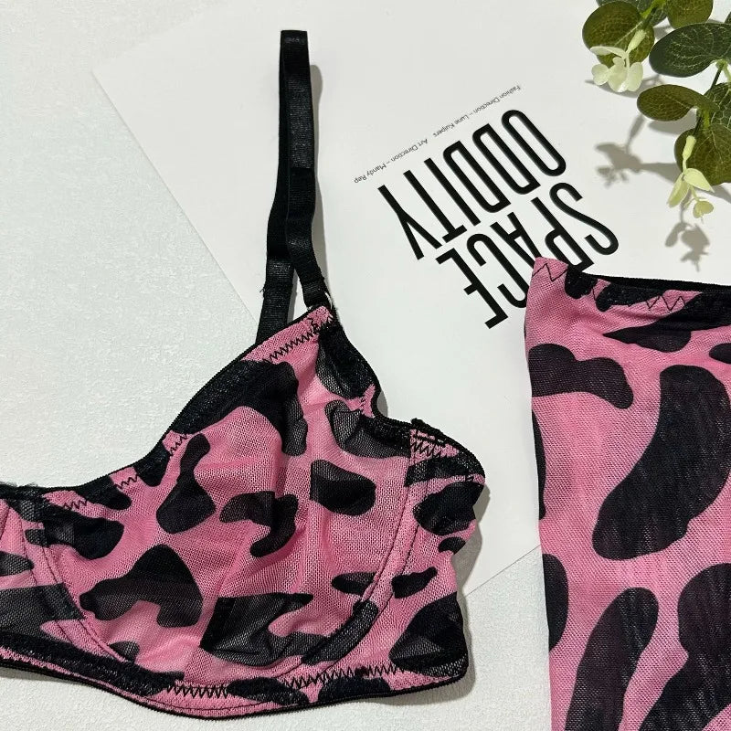 Toucheart Erotic Lingerie Leopard Print 5-piece Set with Gloves and Stockings Tie-dye Printed Sexy Hot Lingerie Suit for Women