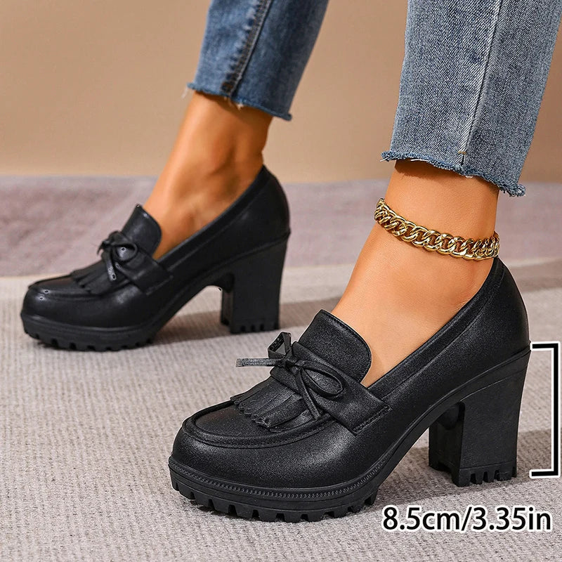 Black Pu Leather High Heel Loafers Women 2026 Autumn Plus Size 42 Slip On Platform Pumps Woman Super High Heels Oxford Shoes