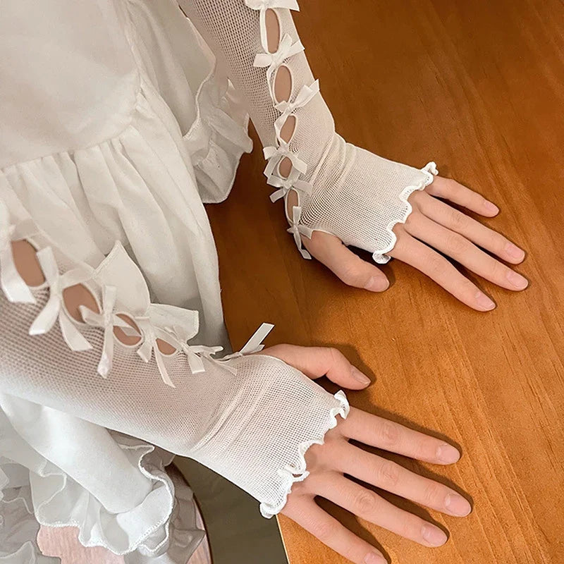 Women Y2K Arm Warmers Bow Hollow Out Fingerless Gloves Lolita Elbow Frill Length Sleeves Cuffs Covers