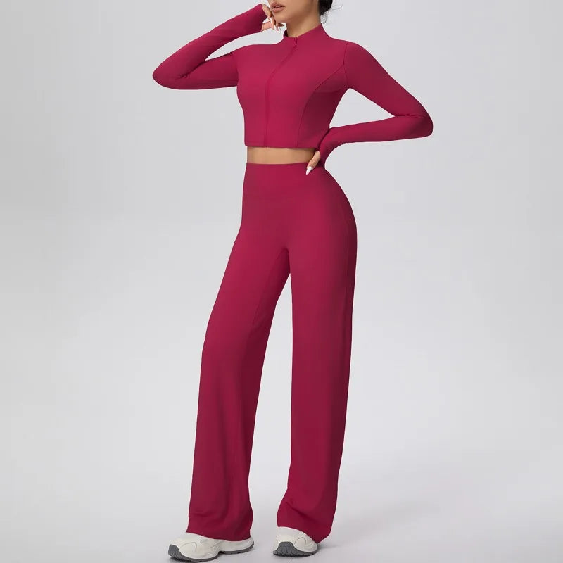 2 Pcs Women's Seamless Yoga Set Long-sleeved Wide-leg Pants Tracksuit Fitness Sports Set High-waisted Hip-lifting Slim-fit Suit