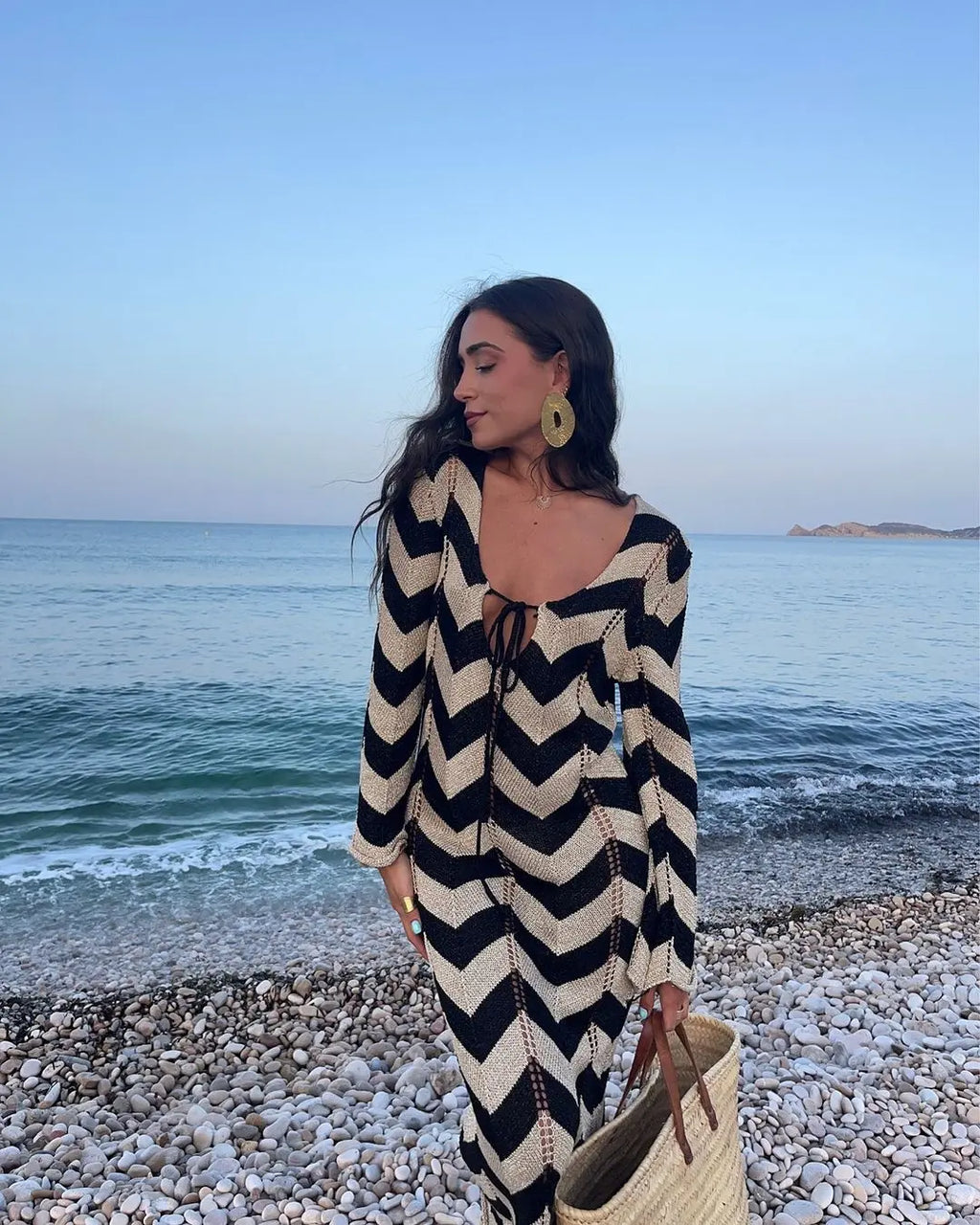 Knitted Dress Leace-up Vestido Dresses 2025 Woman Beach Hollow Out Slim Vacation Beachwear Temperament Long Sleeves Holiday Sexy