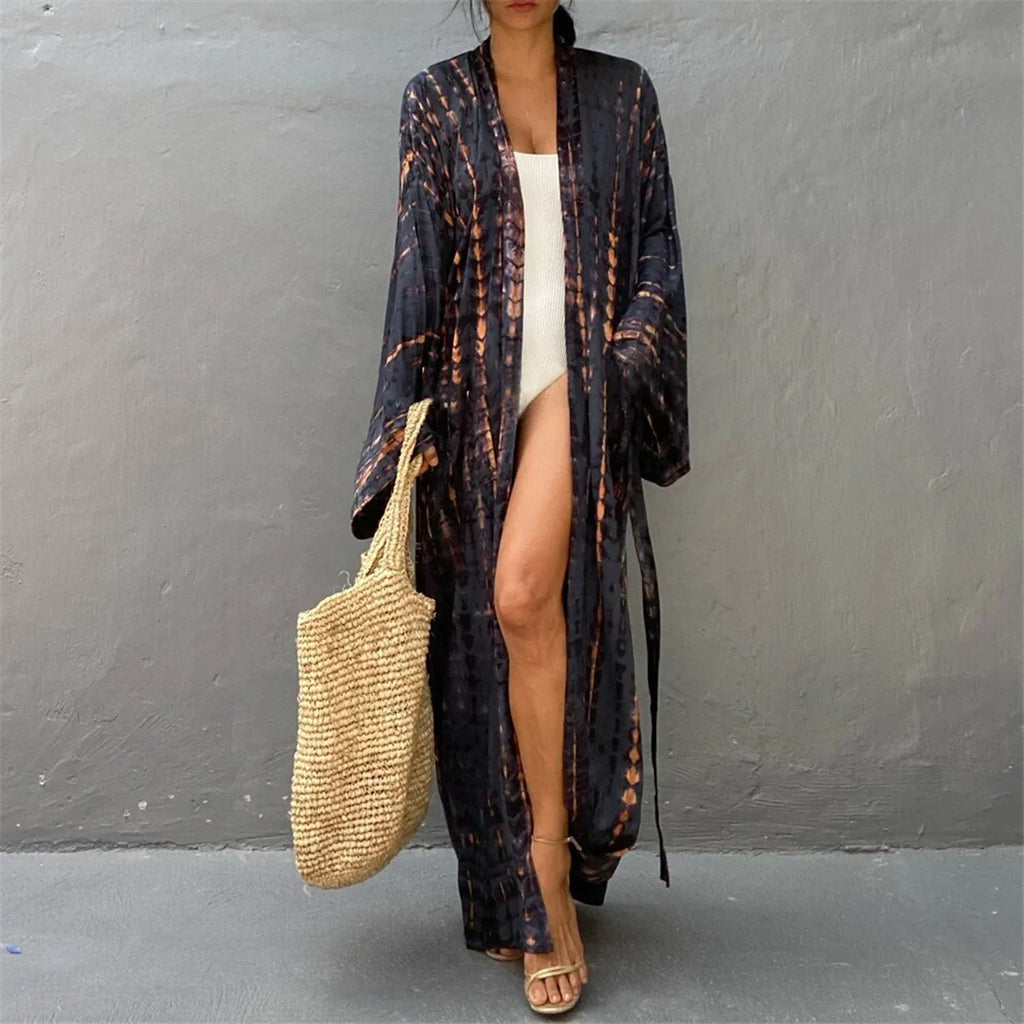 New 10 Colors Printed Long Sleeve With Belt Tunic Beach Cover Up Cover-ups Beach Dress Beach Wear Beachwear Female Women V4521