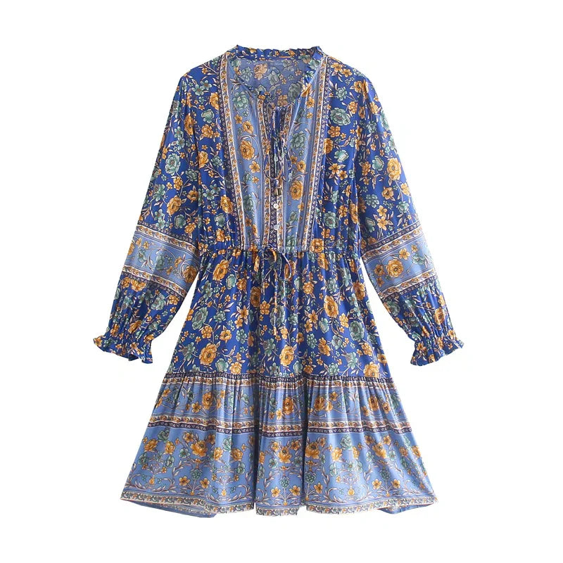 Foridol Bohemian Printed Floral Women Long Dress with Sleeve Spring Summer New in Midi Vestidos Casual Beach Boho Dress Women