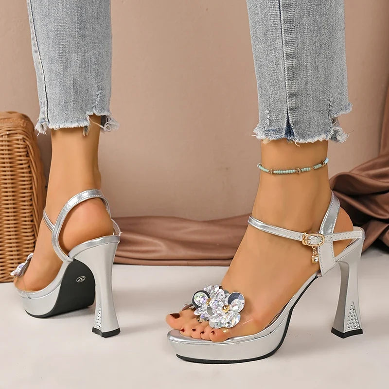 Luxury Rhinestone Decor High Heels Sandals Women Fashion Ankle Buckle Platform Gold Sandals Woman Party Wedding Shoes Size 41