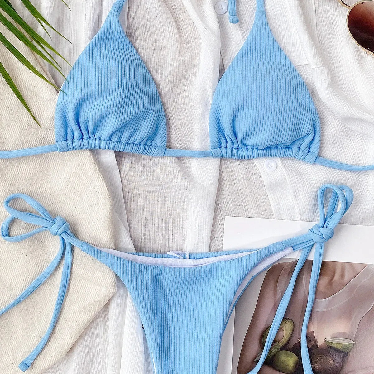 5 Colors Sexy Bikini Women Solid Swimwear Swimsuit Triangle Halter Pit Striped Bikinis Set Bathing Suit Female Banadores Mujer