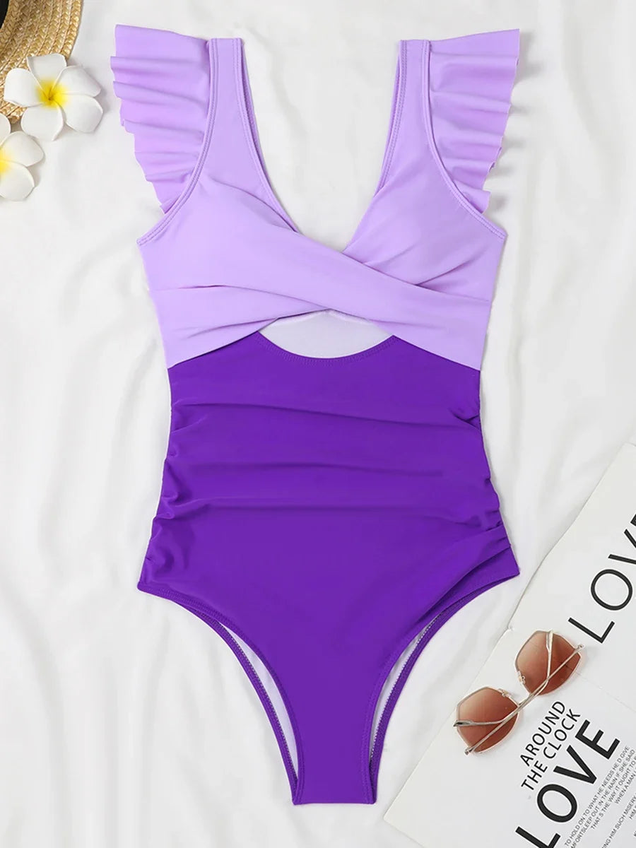 2026 Hollow Out Cross Ztvitality Swimsuit One Piece Solid Ruffle Swimwear Women Bathing Swimming Swim Suit Female Beach Wear
