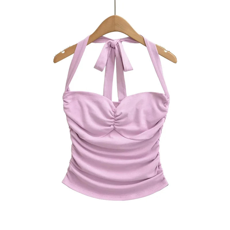 New Women's Fashion Sexy Backless Halter Neck Tie-up Ruched Tube Top Ultra-short Camisole Top In Solid Color Pure Desire F1MR