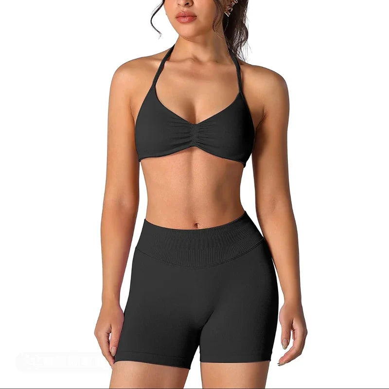 2PCS Backless Sports Bra High-Waisted Yoga Shorts Set Sexy Neck Hanging Design Abdomen Hip Lifting Fitness Outfit