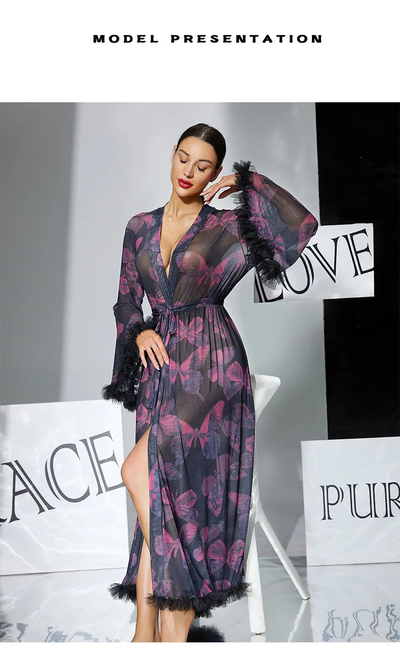 2026 New Women Elegant Butterfly Print Mesh Robe Big Flare Sleeve Lace Up Tassel Fringe High Slit Bathrobe Loungewear