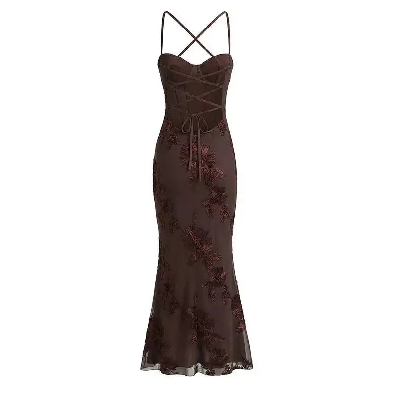 Sexy Backless Cross-cutout Strap Dress For Women Heavy-duty Fishbone Steel Support Slim-fit Jacquard Gown Fishtail Long CAUP