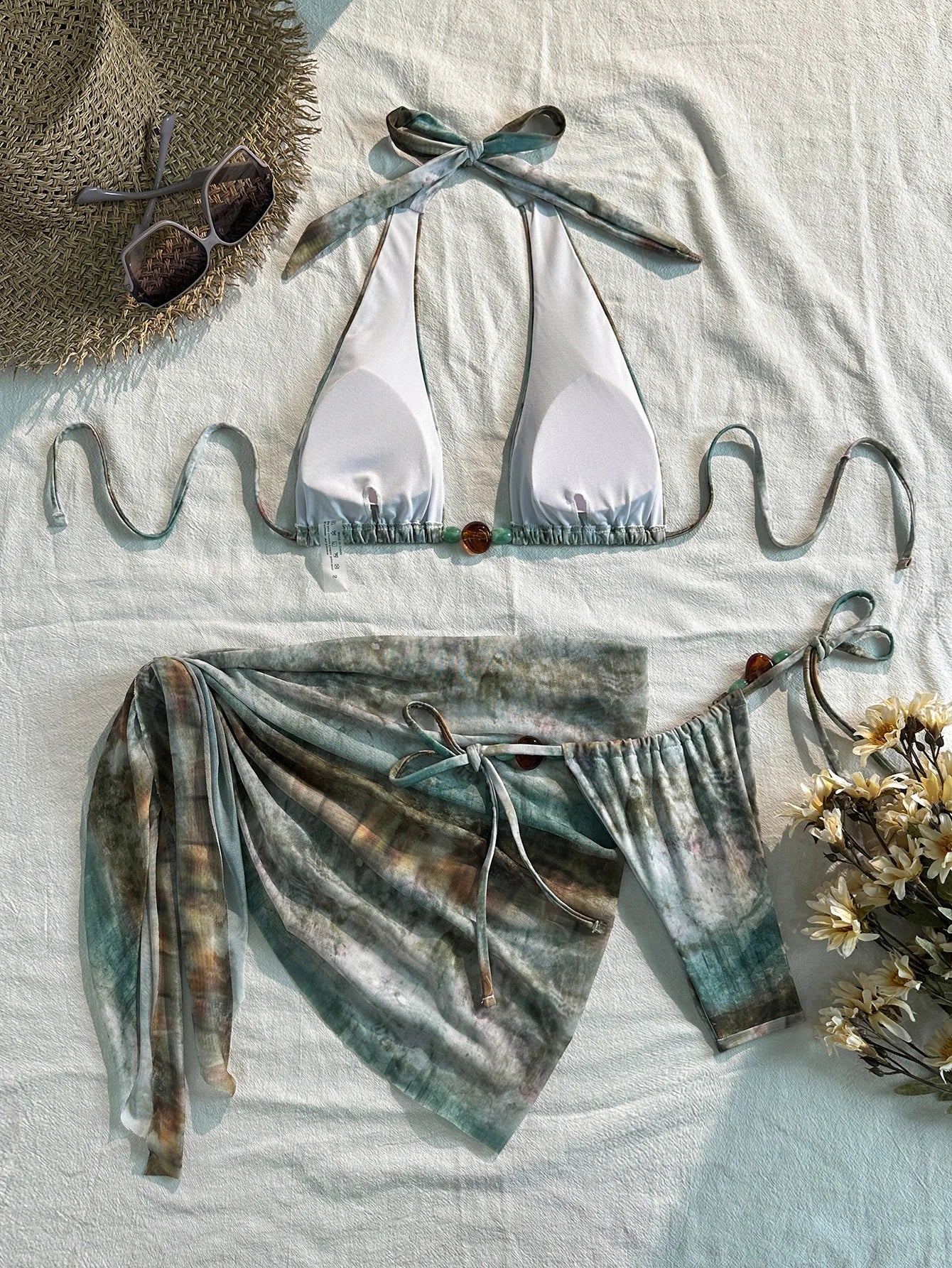 Green Tie Dye Ghradient Bikini Set 2026 Women Pearls Strap Push Up Bra Thong Swimsuit Beach Bathing Suit Skirt 3 Piece Swimwear