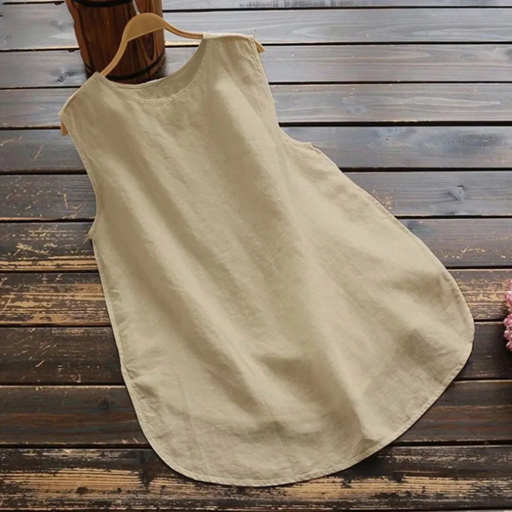 Women Vintage Cotton Linen Tanks Tops Round Neck Floral Print Shirt Summer Sleeveless Blouse Elegant Female Casual Loose Tops