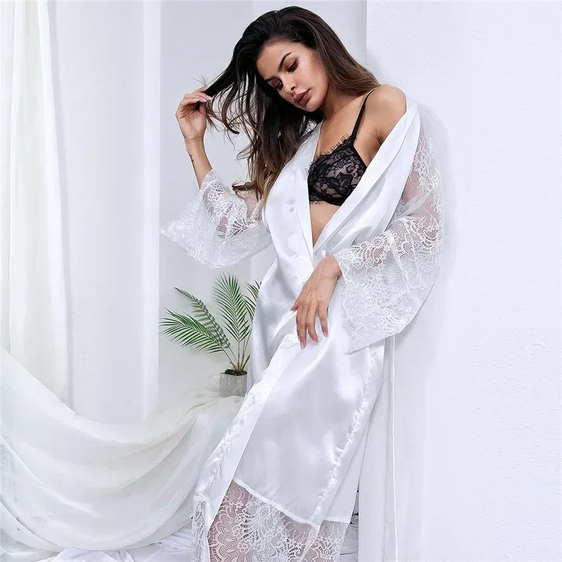 Sleepwear Women's Bathrobe Sexy Lingerie Lace Satin Kimono Sleep Long Dress Robes Pajamas Nightgown