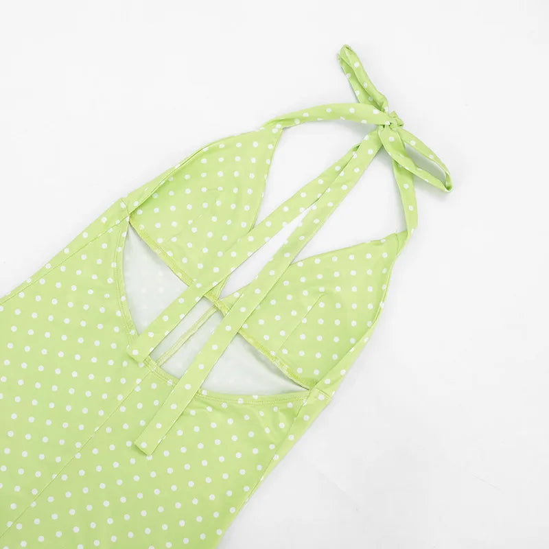 Women Halter Shorts Jumpsuits Summer Polka Dot Print V-Neck Backless Bodysuits Casual Sleeveless Rompers Club Streetwear