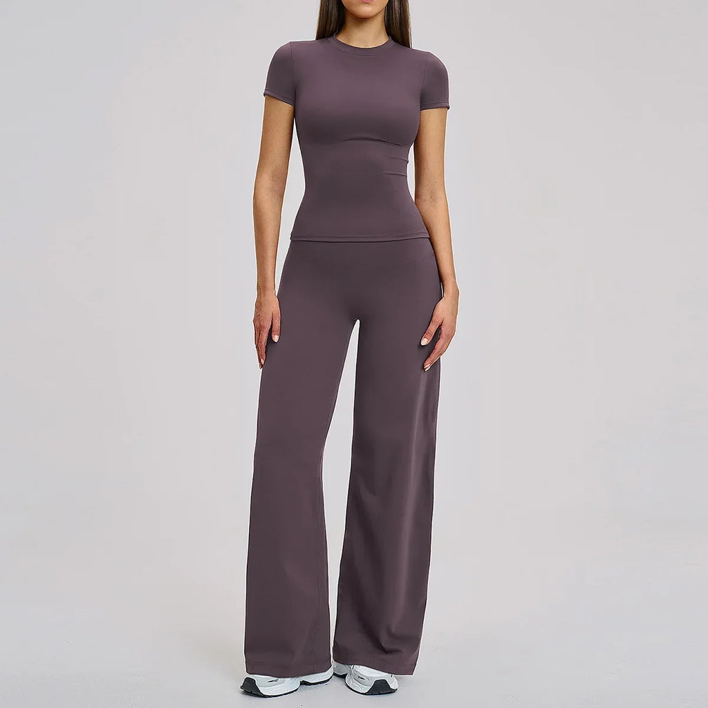 Yoga Set 2 Pieces Women Fitness Sportswear Gym Loose wide-leg pants Long-sleeved T-shirt Sports Crop Tops Tracksuit Workout Wear
