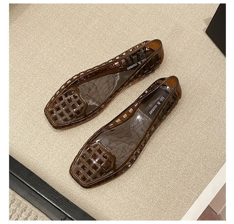New 2025 Women Fashion Jelly Shoes Summer Cut-out Flat Sandals, Soft PVC Casual Square Toe Girls Daily Walking Sandalias