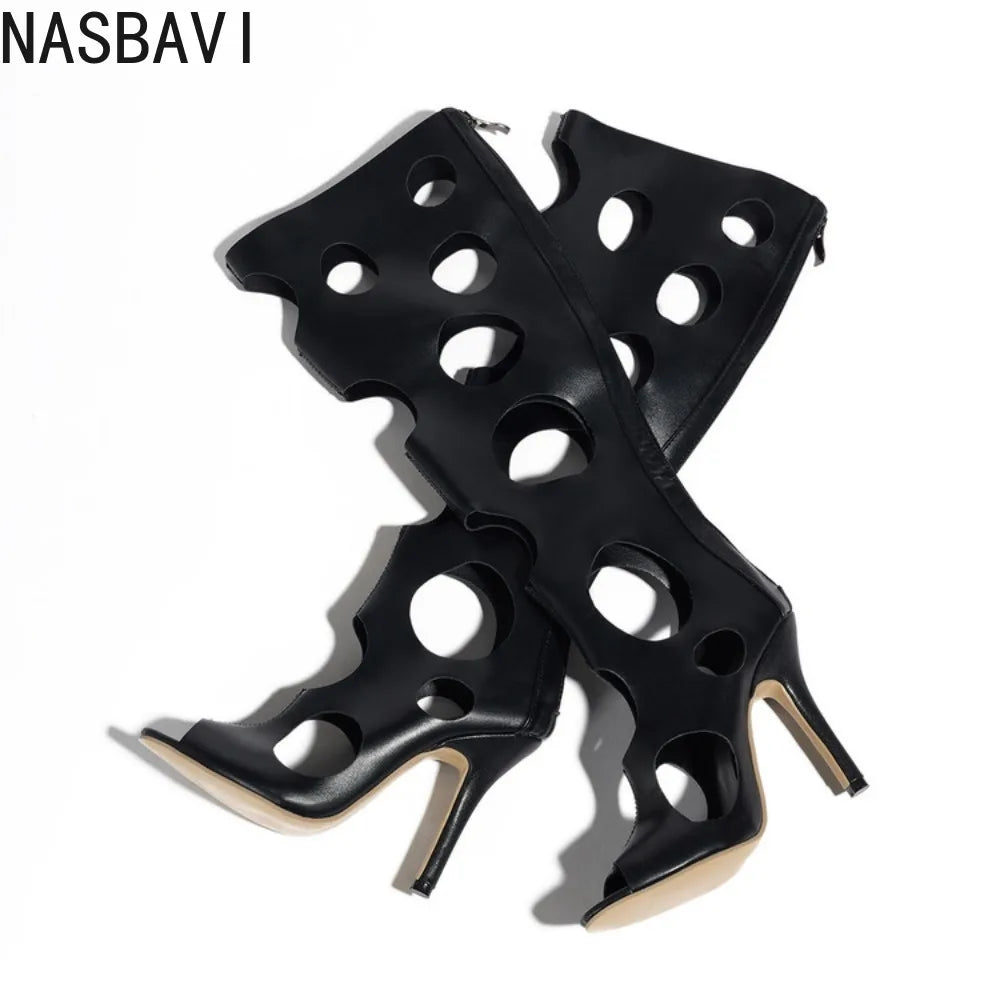 Big Size 43 Sexy Black Hollow Out Summer Boots Women White Thin High Heels Knee High Boots Stiletto Zip-up Peep Toe Party Shoes