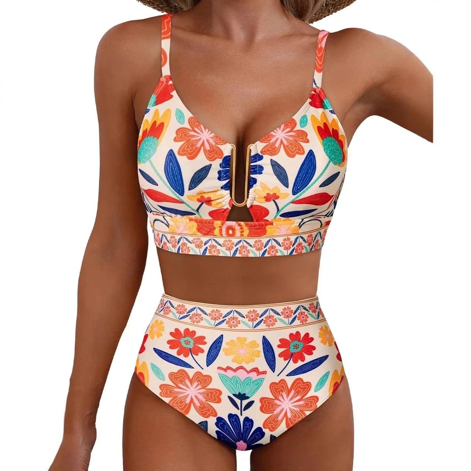 Women Sexy Floral Bikini High Waist Tummy Control Floral Bikini U Line Cross Back Padded Bikini Two Piece Beach Swimsuit