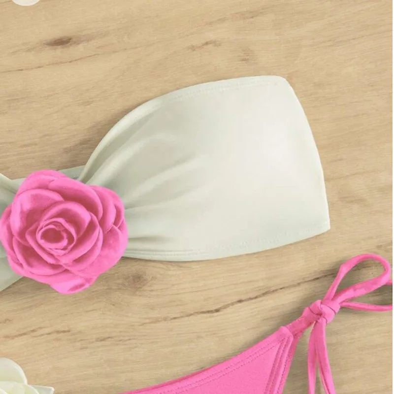 Sexy Bikini Set 2025 Bandeau 3D Flower White Black Contrast Push Up Micro Swimsuit Brazilian Cut Out Bathing Suit Thong Swimwear