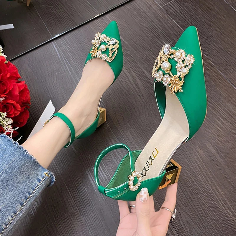 ZOKI Fashion Pearl Buckle Square Heels Pumps Women Pointed Toe Bling Crystal Party Shoes Woman Elegant Med Heels Bride Shoes