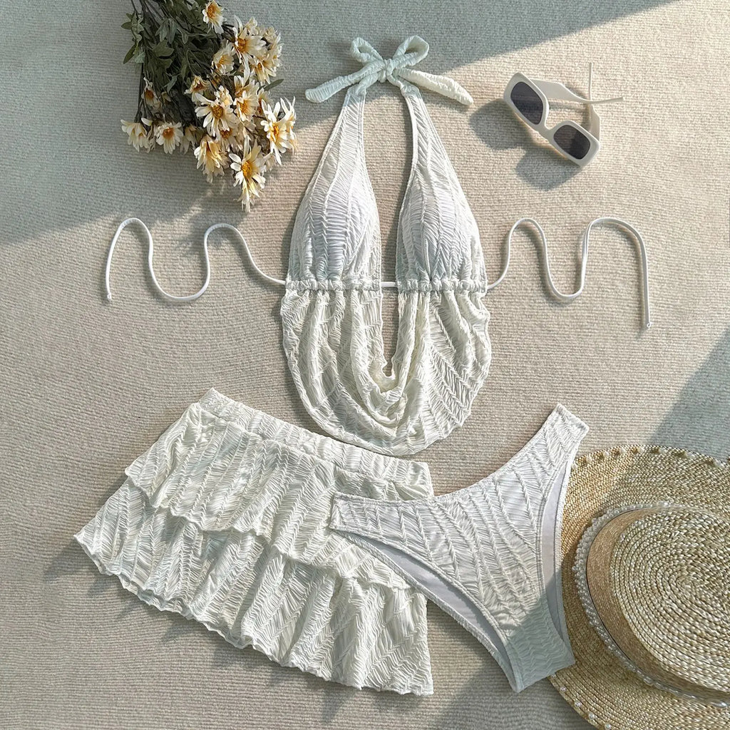 3PC with Skirt Wrinkled Halter Tankini Bikini Women Swimwear Female Swimsuit Three-pieces Bikini Set Bathing Suit Swim Beachwear