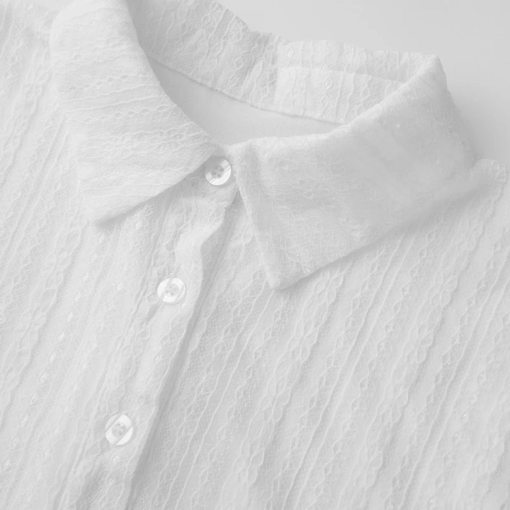 Women White Lace Shirts Solid Color Lapel V Neck Short Sleeve Slim Fit Tops and Blouses Summer Elegant