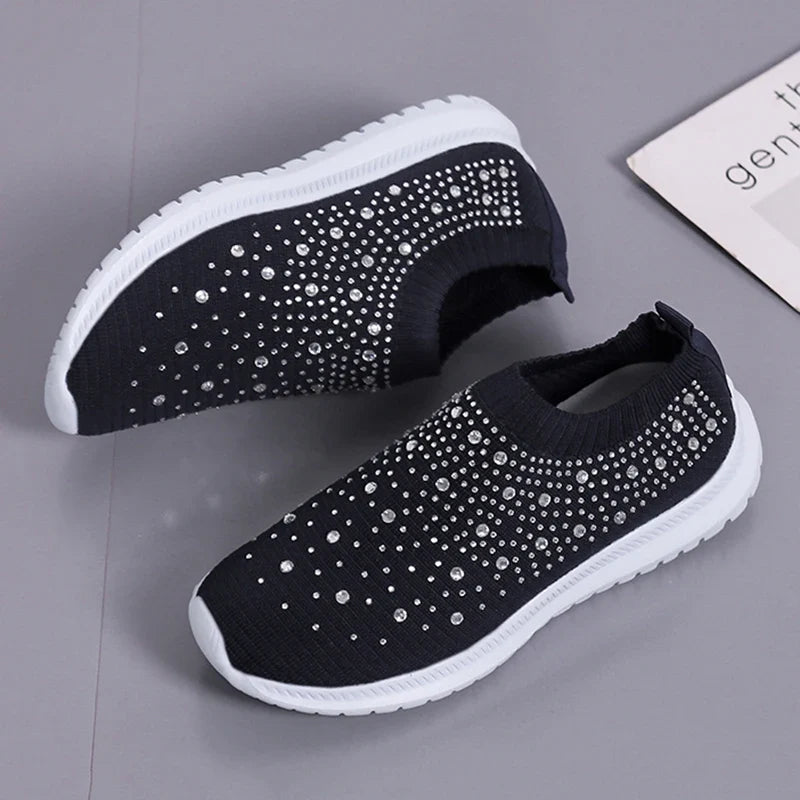Women's Slip-On Crystal Sneakers 2025 Breathable Mesh Plus Size 35-43 Casual Flats Women Comfort Soft Sole Running Walking Shoes