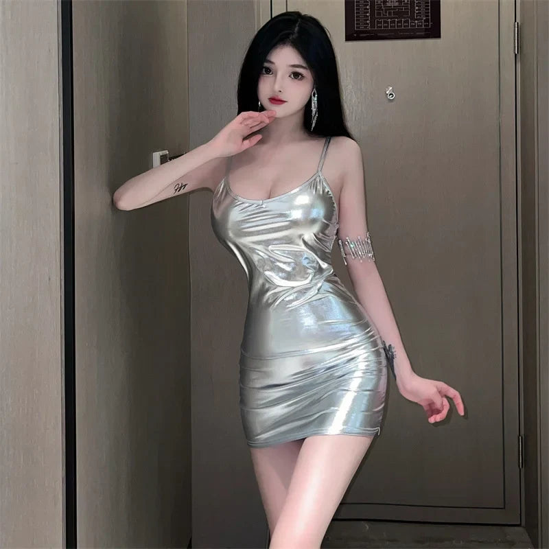 Women's 2023 Summer New Sexy Spicy Girl Temperament backless Silver Slim Lacquer Leather Wrap Hip Fashion sling Dress 501R