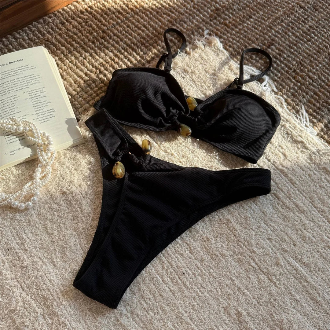 New Sexy Ribbed Brazilian Bikini Padded Bathing Suit Bather Swim Female Swimsuit Two-Pieces Bikini Set Women Swimwear V6343R