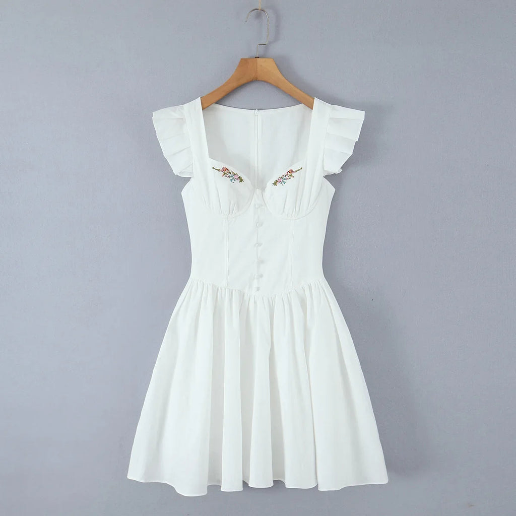 Floral Embroidery Cotton Summer Women's Dress Sleeveless Buttons Decor Short Mini Dress Elegant Yellow A-line New in Dress 2025