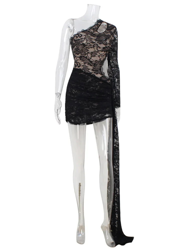 Ahagaga Sexy Sheer Women's Mini Dresses Lace Solid Sheath Long Sleeves One Shoulder Ribbon Sheath Slim Fit Streetwear Vestidos