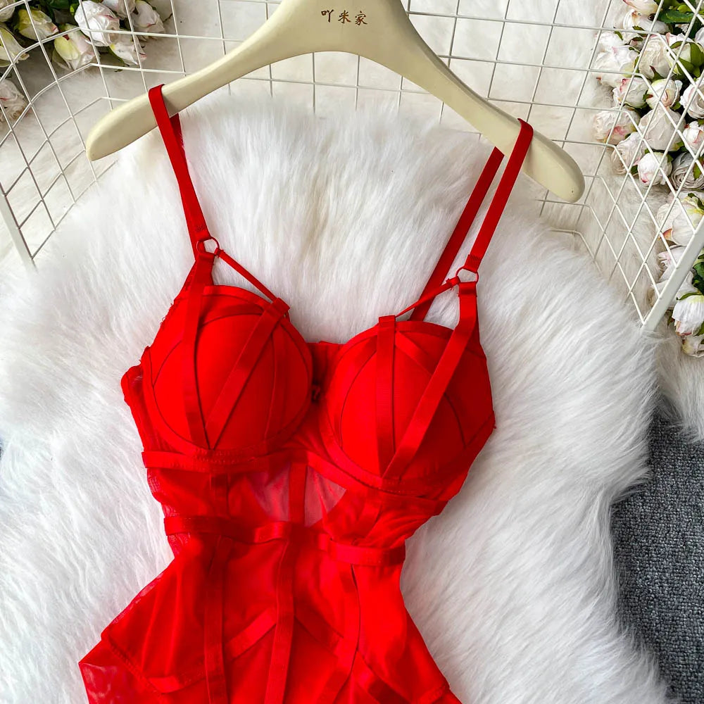 MOYISU Sexy Instagram Viral Bodysuit Women Pure & Sexy Sheer Mesh Halter Push Up Pads Summer Lingerie Euro Style Hot Sale SG