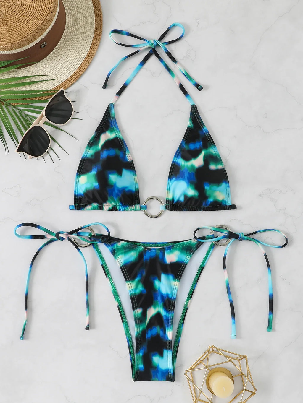 Halter Triangle String Bikinis 2026 Women Sexy Ring Linked Swimsuit Printed Swimwear Female Bathers Bathing Swimming Swim Suit