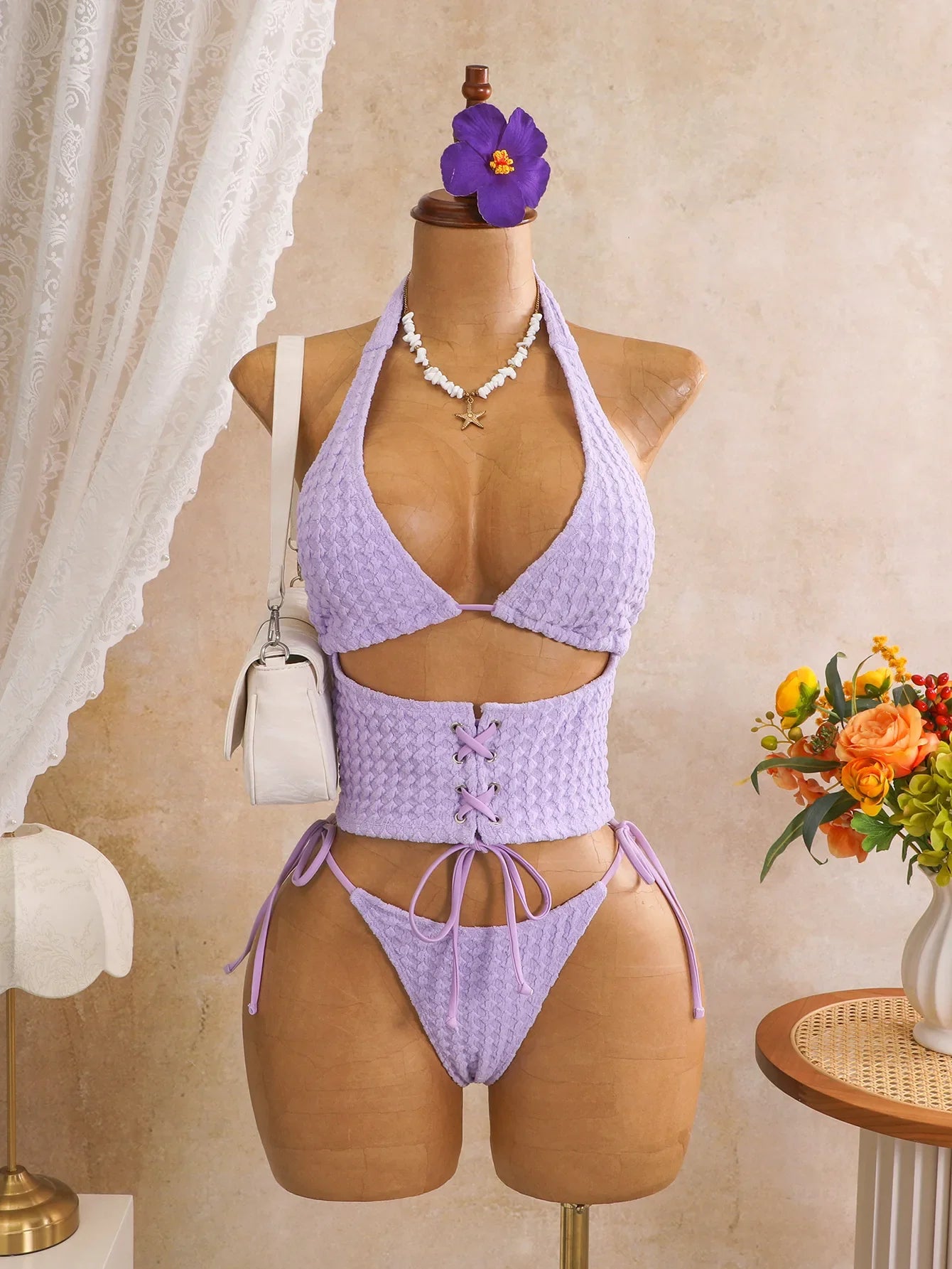 Sexy Pink Plaid Print Bikini Set 2026 Women Bandage Cross Fishbone Top 3 Piece Swimsuit Summer Bathing Suit Holiday Swimwear