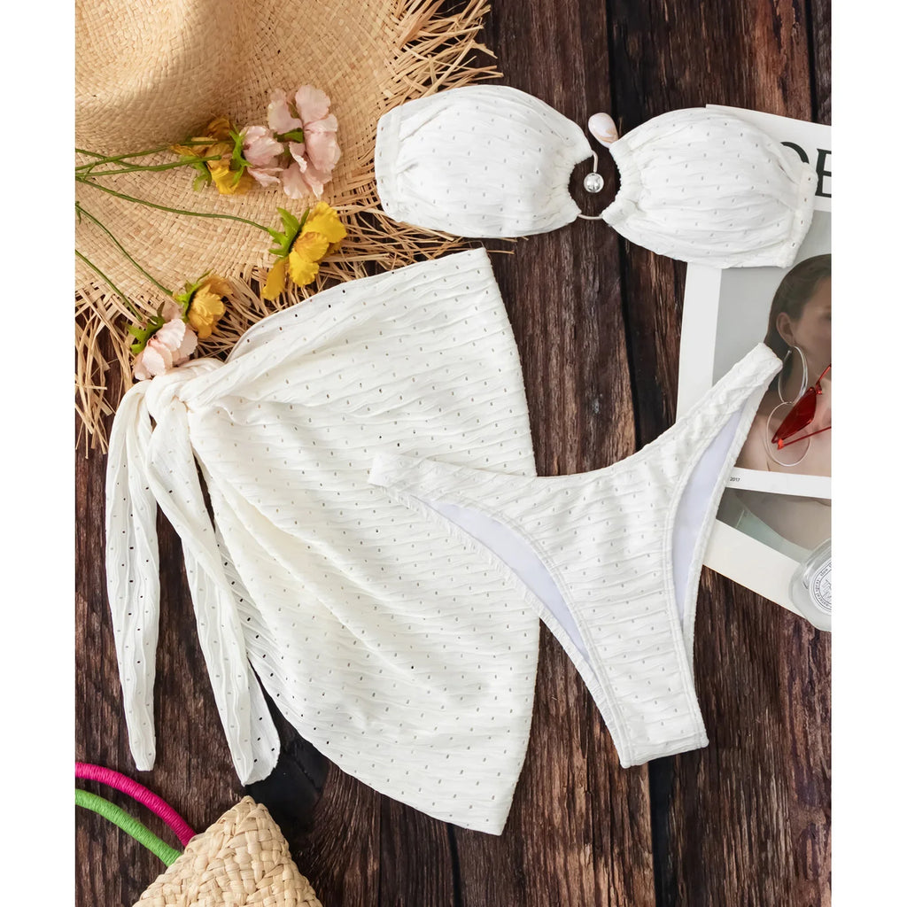 2024 Three Pieces Bikini Set With Skirt Sexy Swimwear Women Swimsuit Solid Push Up Bathing Suit Beachwear Female Biquini
