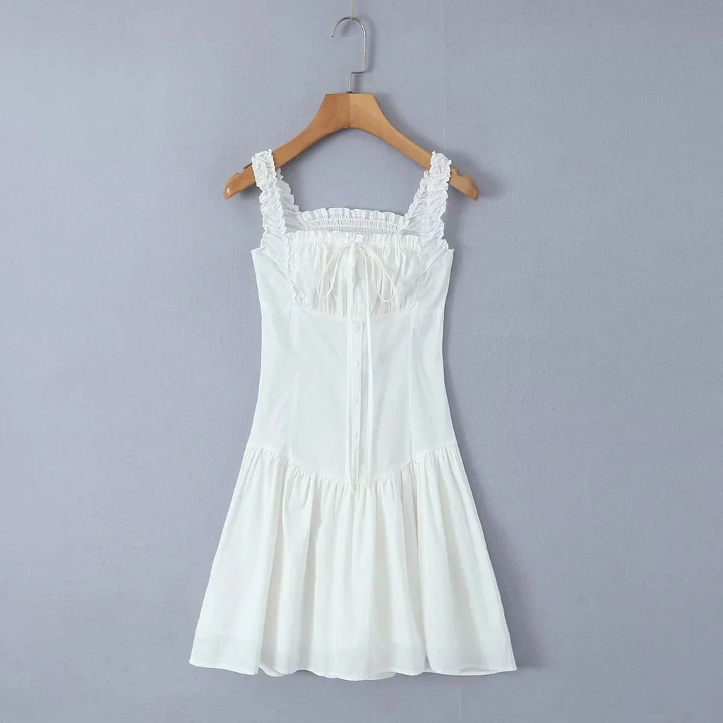 Foridol Bowknot Smocked White Short Dress Women Summer Cotton Mini Sleeveless Tank Sundress Beach Chic Buttons Dress for Petite