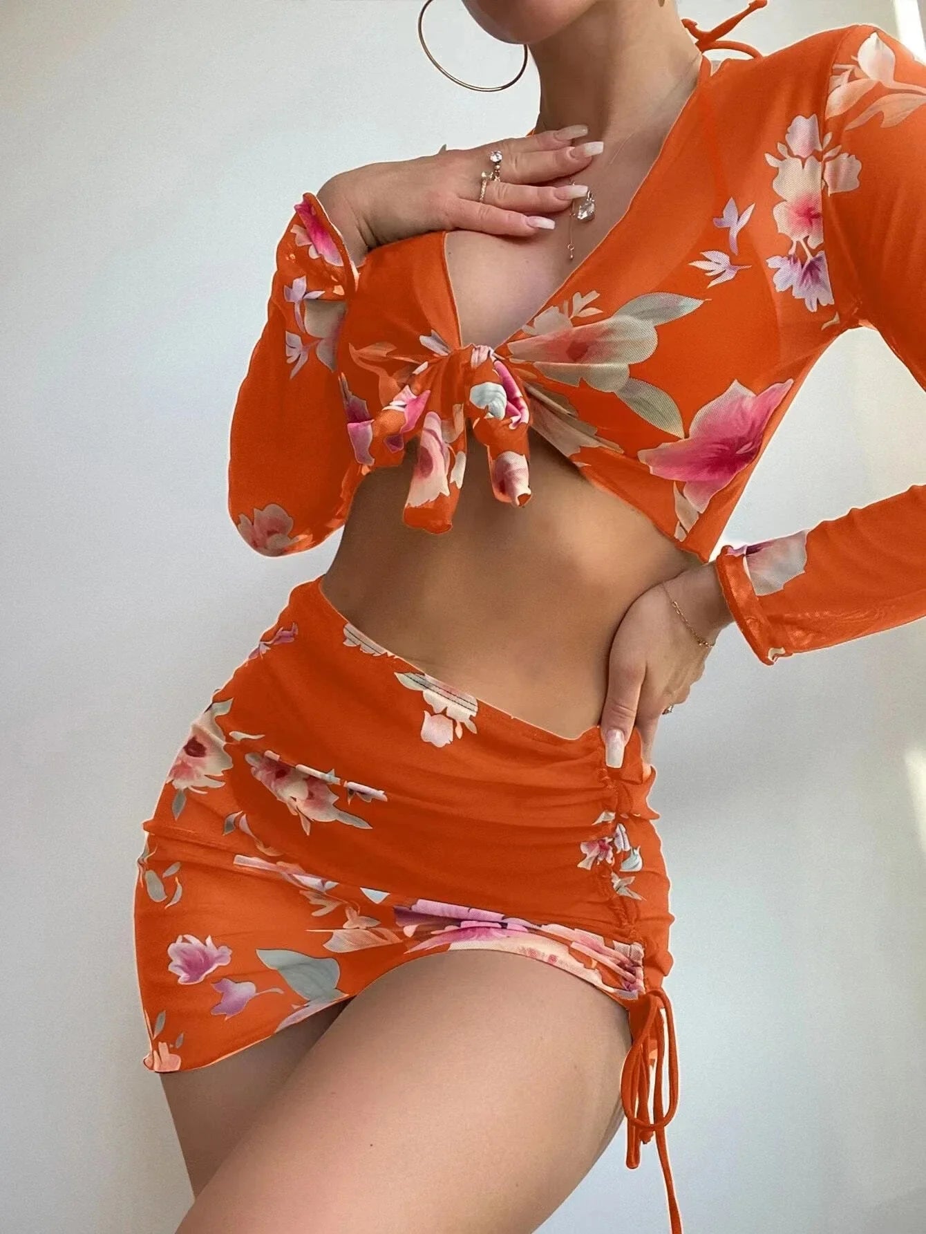 2026 Summer Women's 4 Pieces Suit Swimwear Neck Lace-up Bikini Set+crop Top+skirts Floral Print Gauze Swimsuit Beachwear Biquini