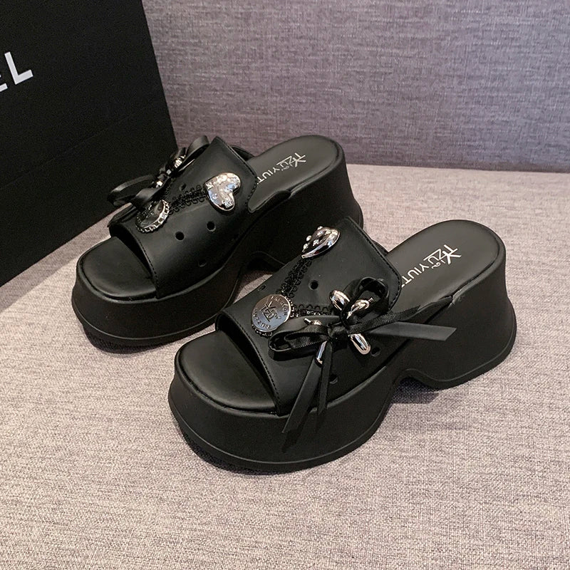 Metal Decor Chunky Platform Sandals Women 2026 Summer Open Toe High Heels Clogs Slippers Woman Bowknot Wedge Heel Sandles Female