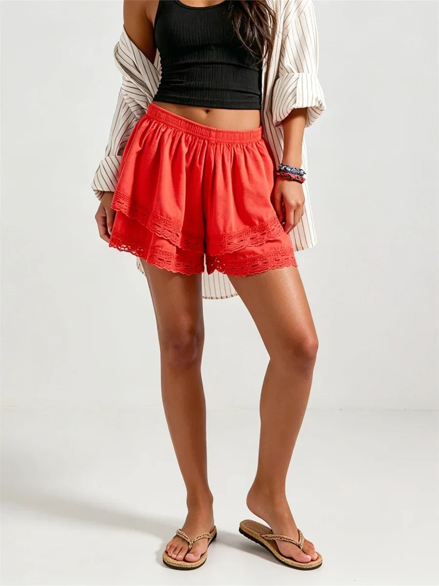 Women’s Layered Lace Shorts Elastic Waist Wide Leg Short Pants Summer Lolita Casual Loose Lounge Bloomers Streetwear