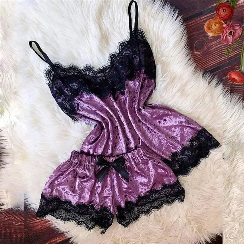 Summer Lace Sleepwear Sexy Satin Pajamas Set Women Nightshirt 2 Pieces Crop Tops and Shorts Set Homewear Loungewear