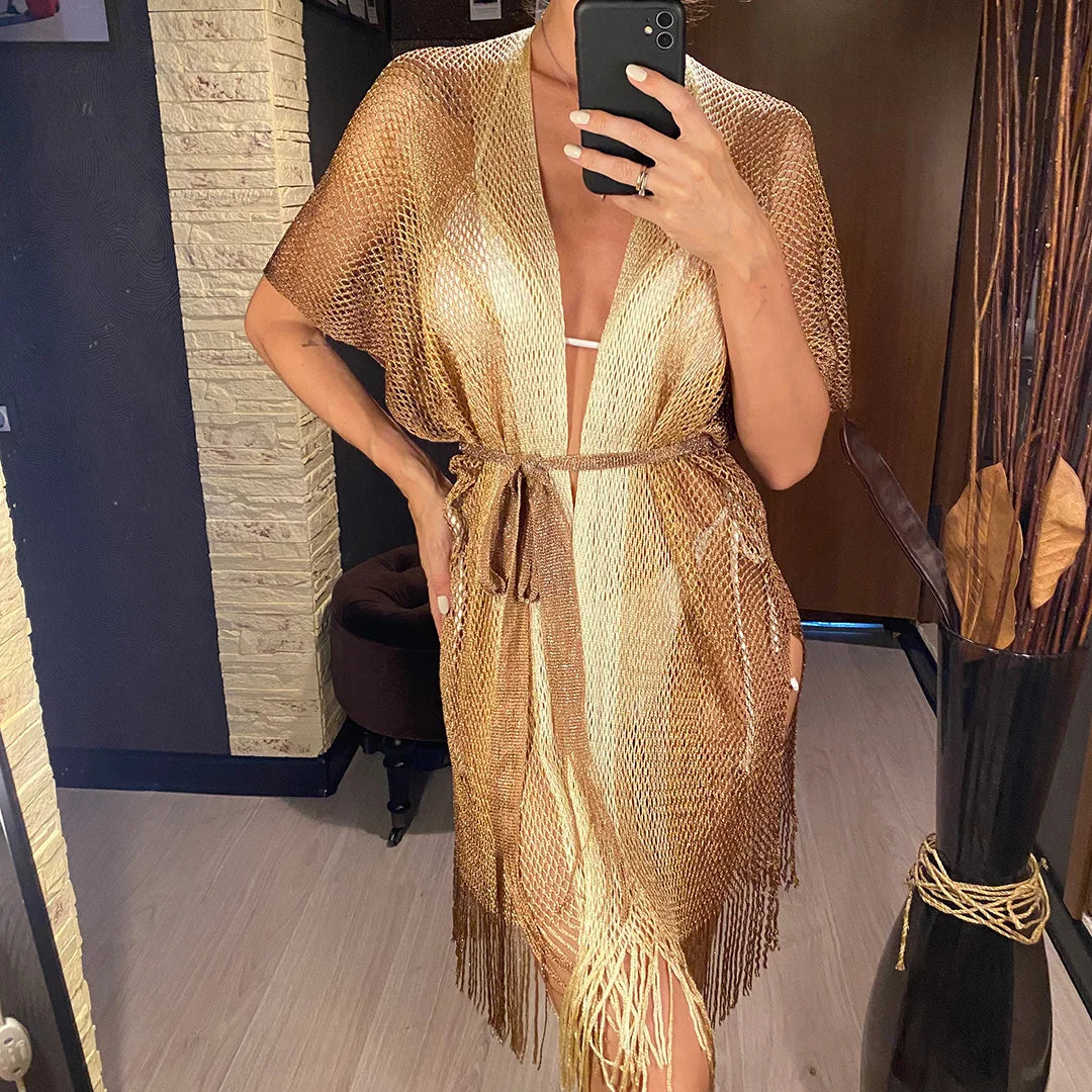Sexy With Belt Fringe Tassel Crochet Knitted Tunic Beach Cover Up Cover-ups Beach Dress Beach Wear Beachwear Female Women V4649
